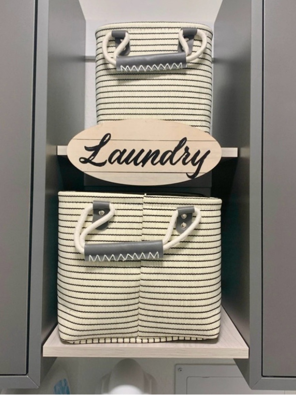 Set of 2 Gray Woven Strap Storage Bins - Nesting Decorative Baskets with Handles